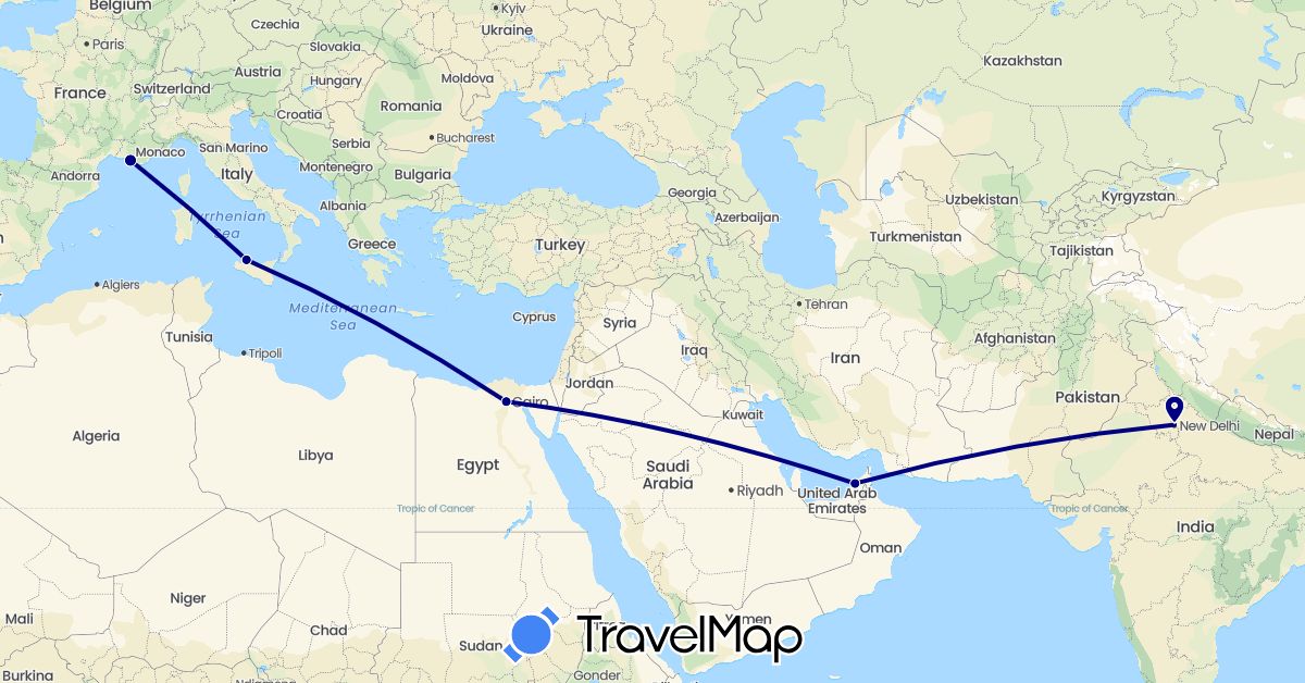 TravelMap itinerary: driving in United Arab Emirates, Egypt, France, India, Italy (Africa, Asia, Europe)